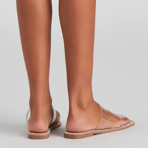 NEW Clear Sparkly Rhinestone Embellished Double Straps Slip On Slides Sandals - Picture 9 of 15